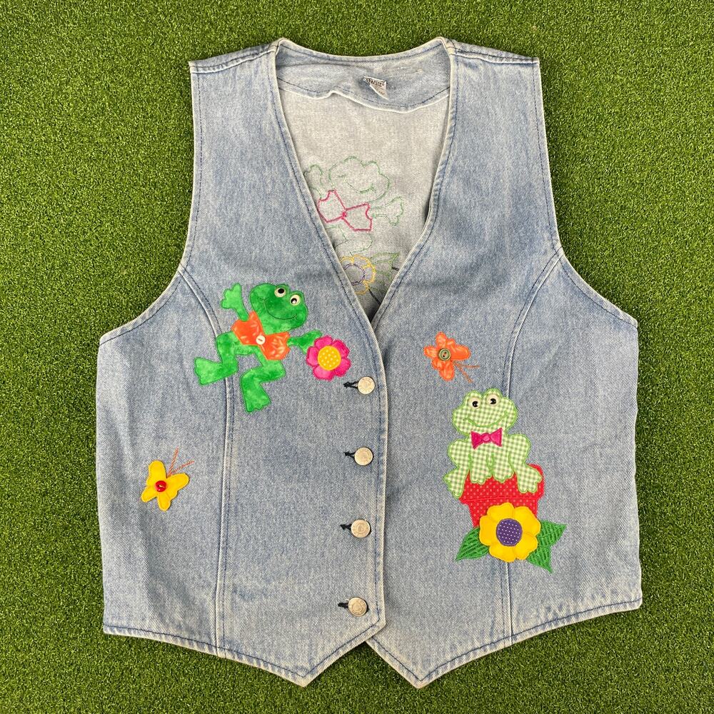 Vintage Apache Light Wash Denim Applique Frog Butterfly Waistcoat Vest Sz L